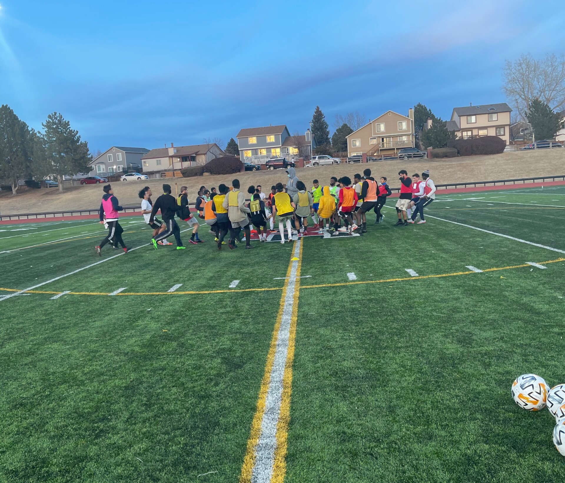 Soccer practice on green field