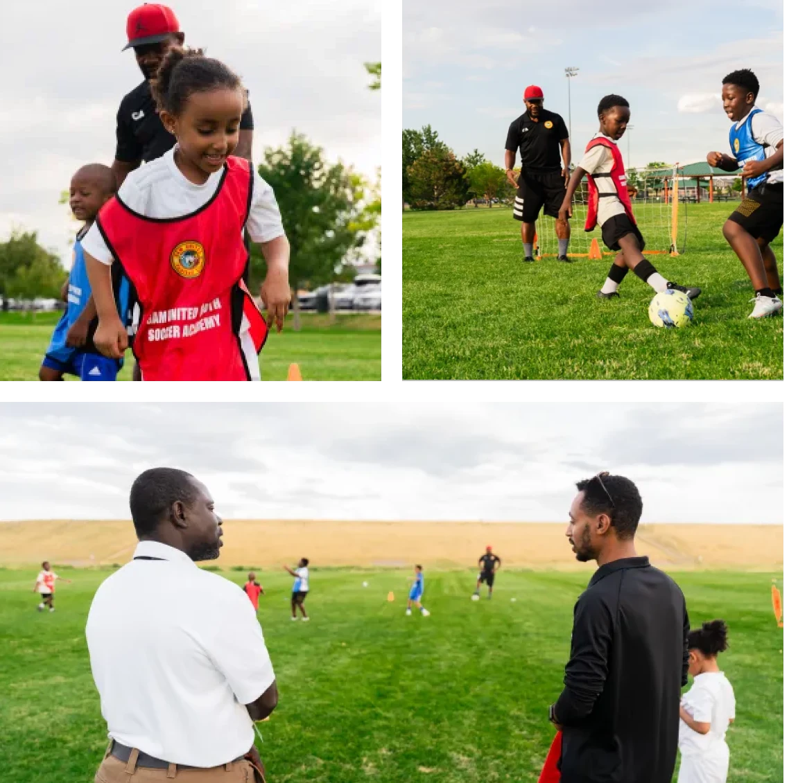 Kids playing soccer with coaches